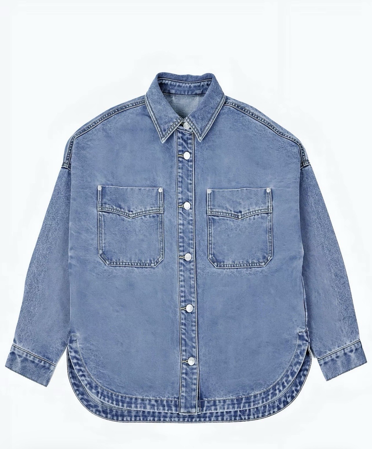 Women’s Blue Denim Oversized Button-Up Shirt Jacket, Long Sleeve Collared XL