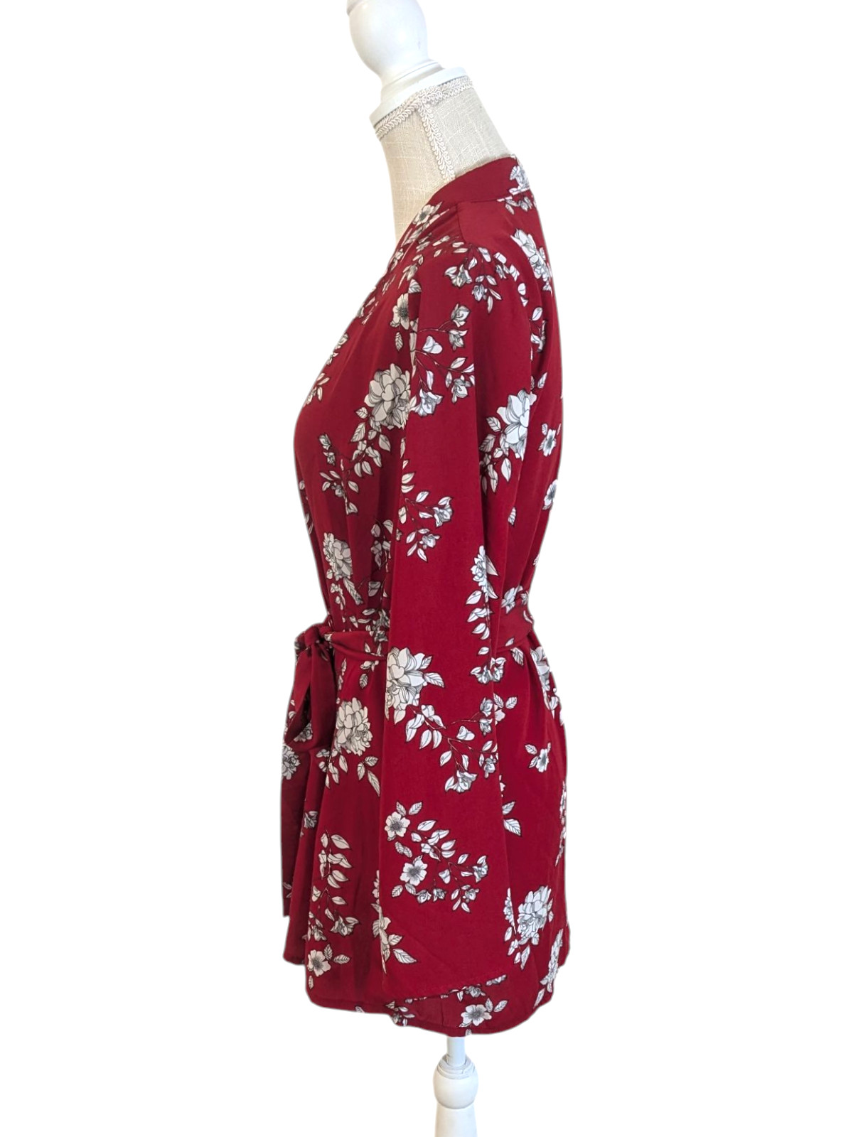 Guess Womens Red Floral Semi-Sheer Mid Length Belted Kimono Top Sz XS/S