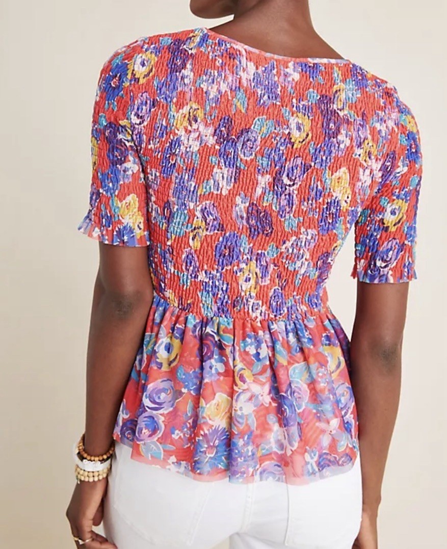 Maeve Anthropologie Ashto Smocked Floral Peplum Flutter Sleeve Top Blouse S