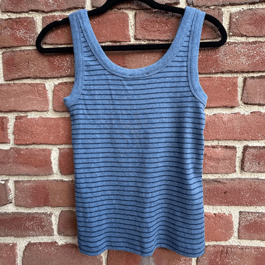 Haven Well Within $58 Women’s Scoop Neck Ribbed Striped Tank Top Blue L NEW