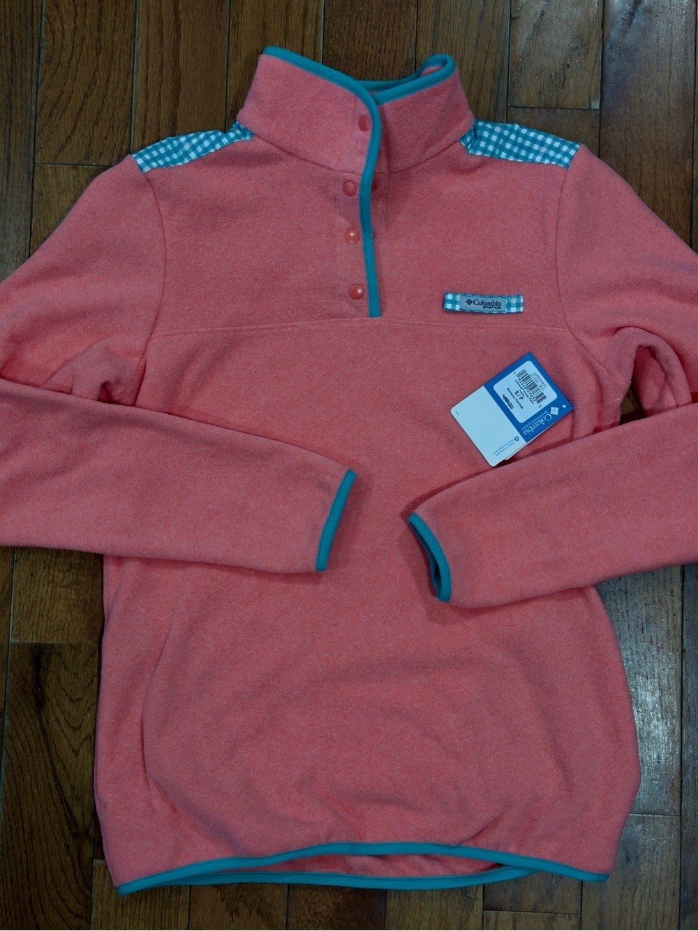 Columbia Coral Pink Quarter-Snap Fleece with Teal Trim – Women’s Size Sm. – New