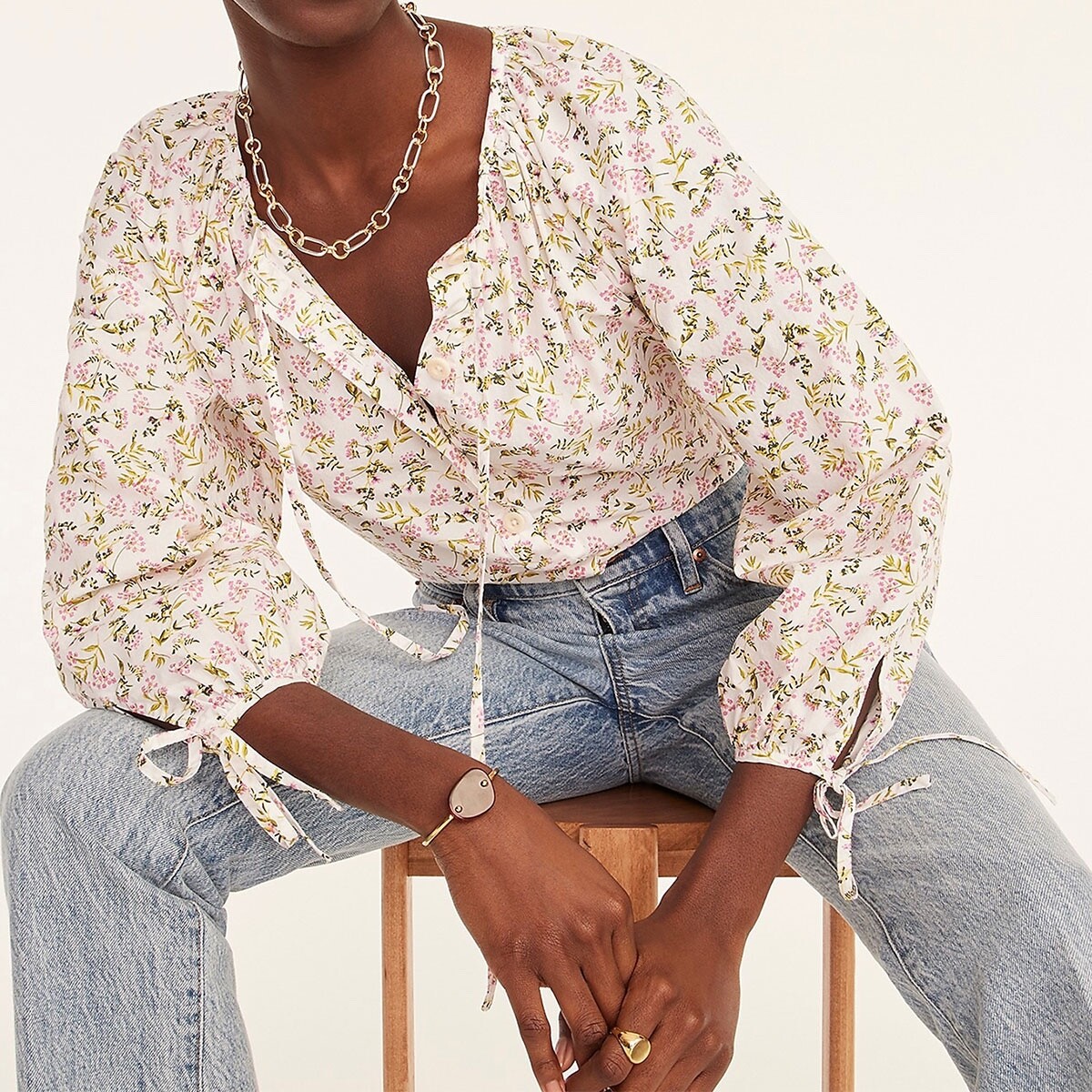 J Crew NWT $98 Tie-Sleeve Button-Front Cotton Poplin Top in Meadow Floral | Sz L