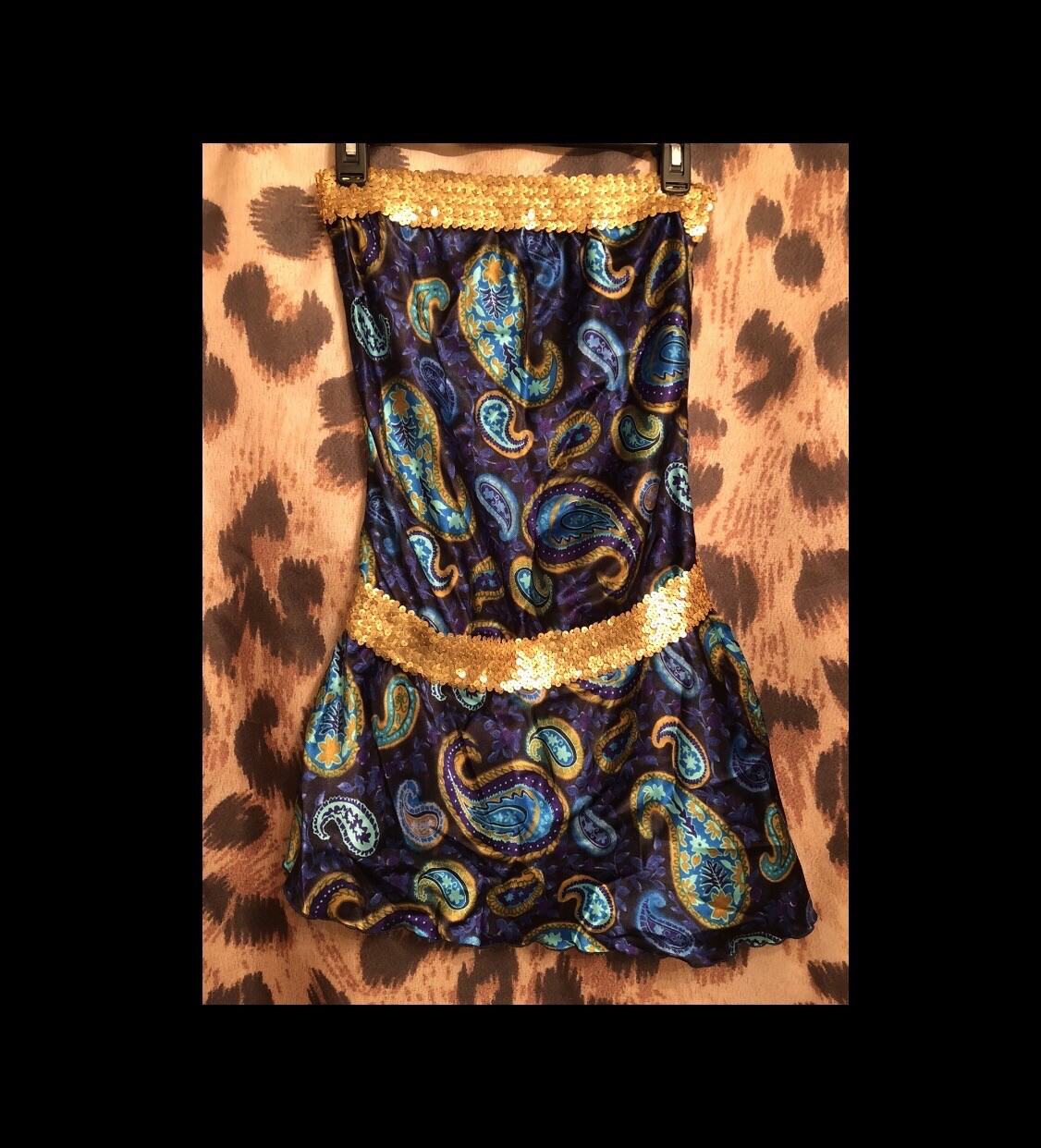 FOREVER 21 gold sequins Y2K blue SATIN paisley TUNIC TOP – size M – Twenty One