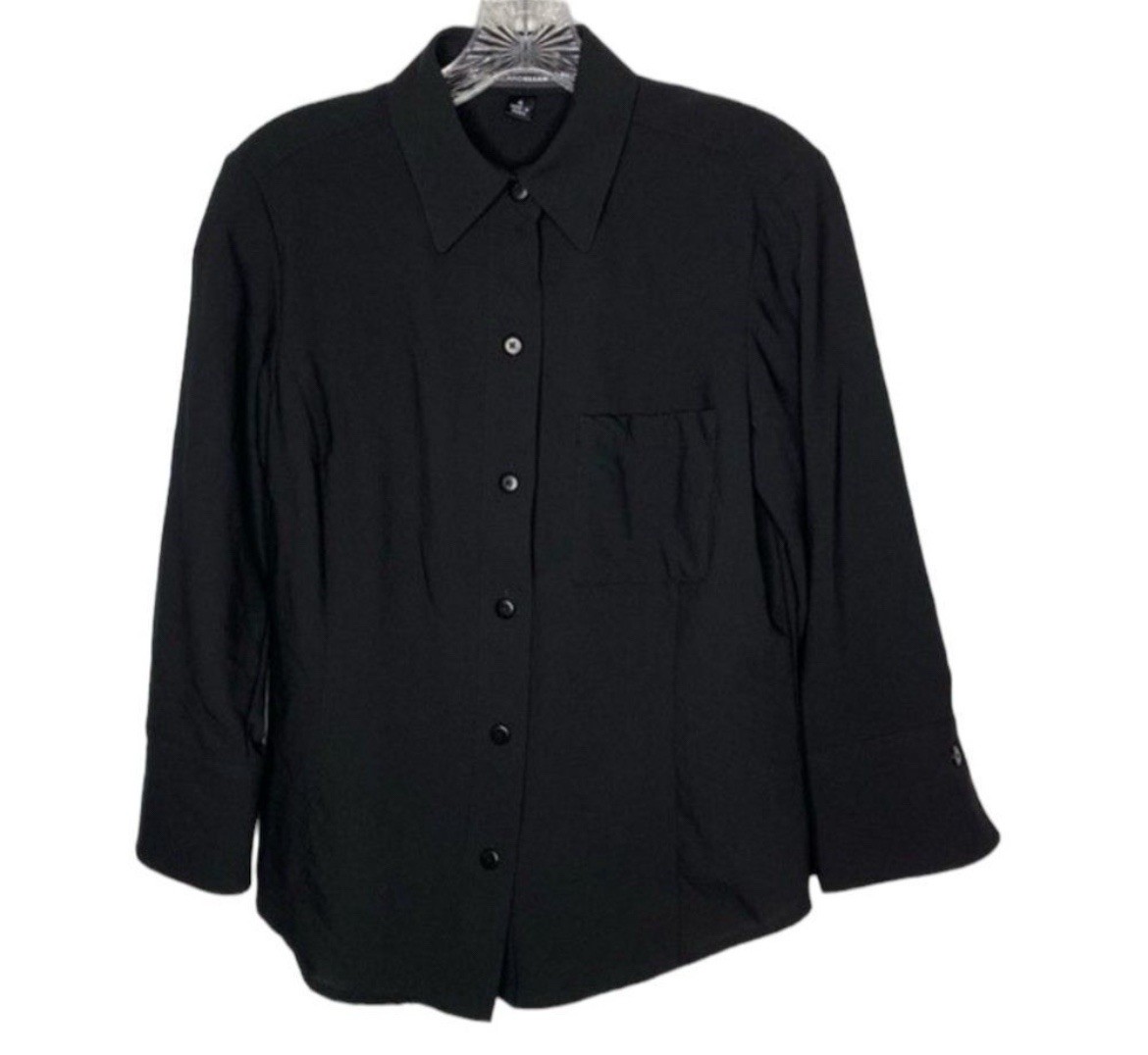 Linda Allard X Ellen Tracy Shirt Womens 4 Black 100% Wool Button Down 3/4 Sleeve