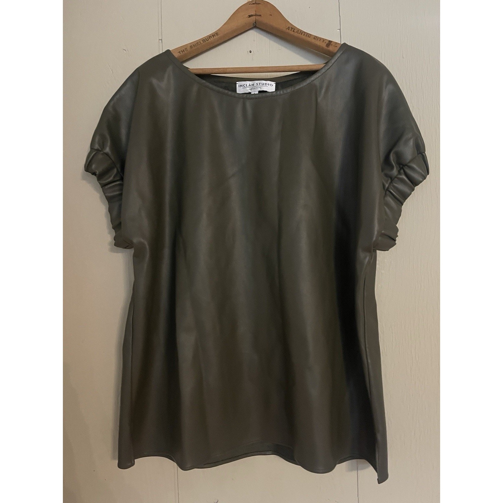 INCLAN STUDIO Olive Green Capsule Gathered Sleeve Vegan Leather Top Blouse L