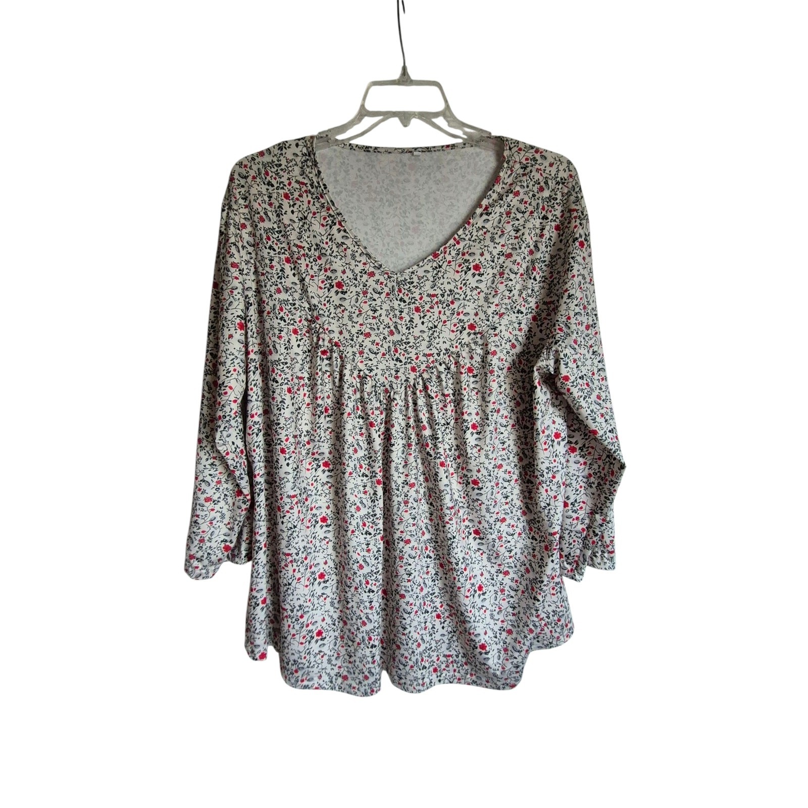 Women’s 3X Babydoll Sleeve V-Neck Empire Waist Red Floral Silky Stretch Stylish