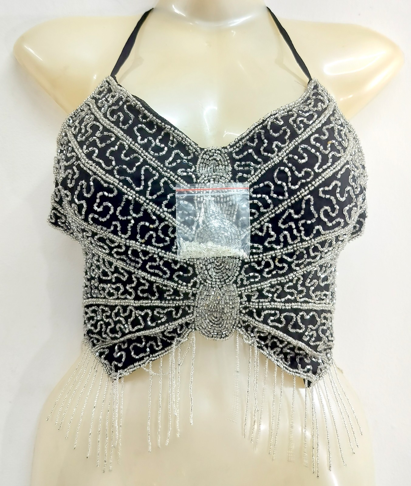 Black Silver Beaded Butterfly Crop Top Halter Bra Belly Dance Halloween Dress