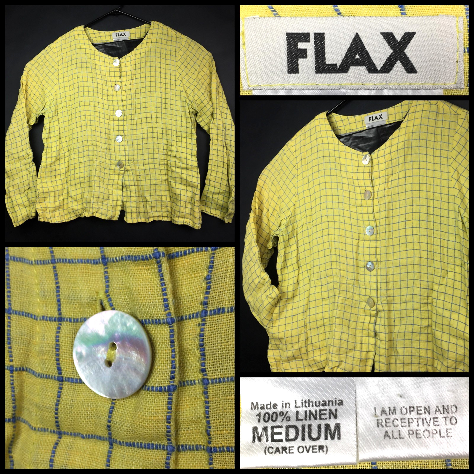 FLAX 100% Linen Yellow Blue Check Mother of Pearl Button Up Collarless Pockets