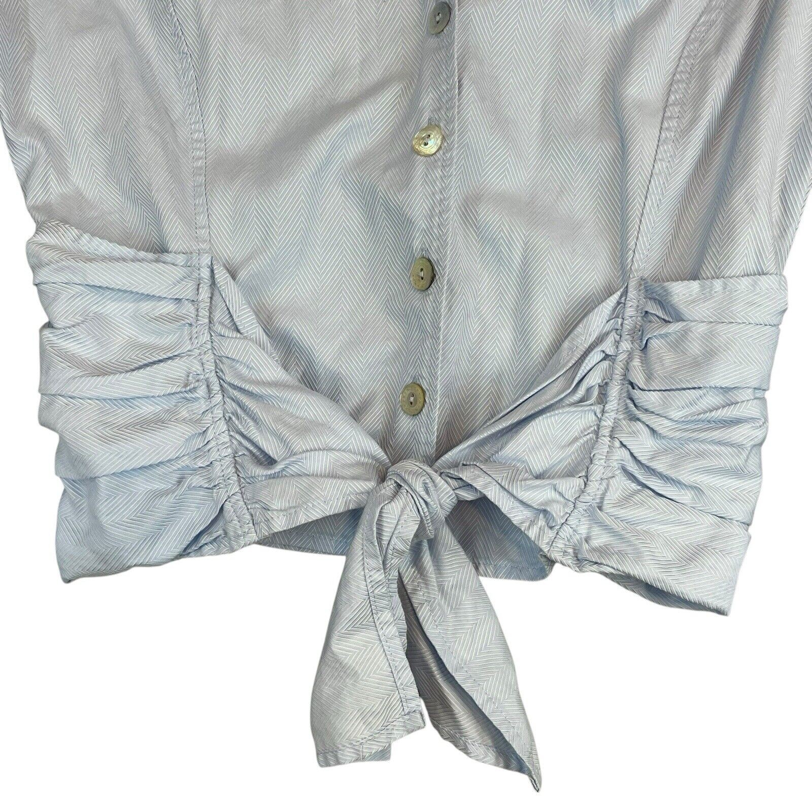 Farinaz Taghavi Blue Ruched Front Button Tie Blouse Women’s Size 4 Quiet Luxury