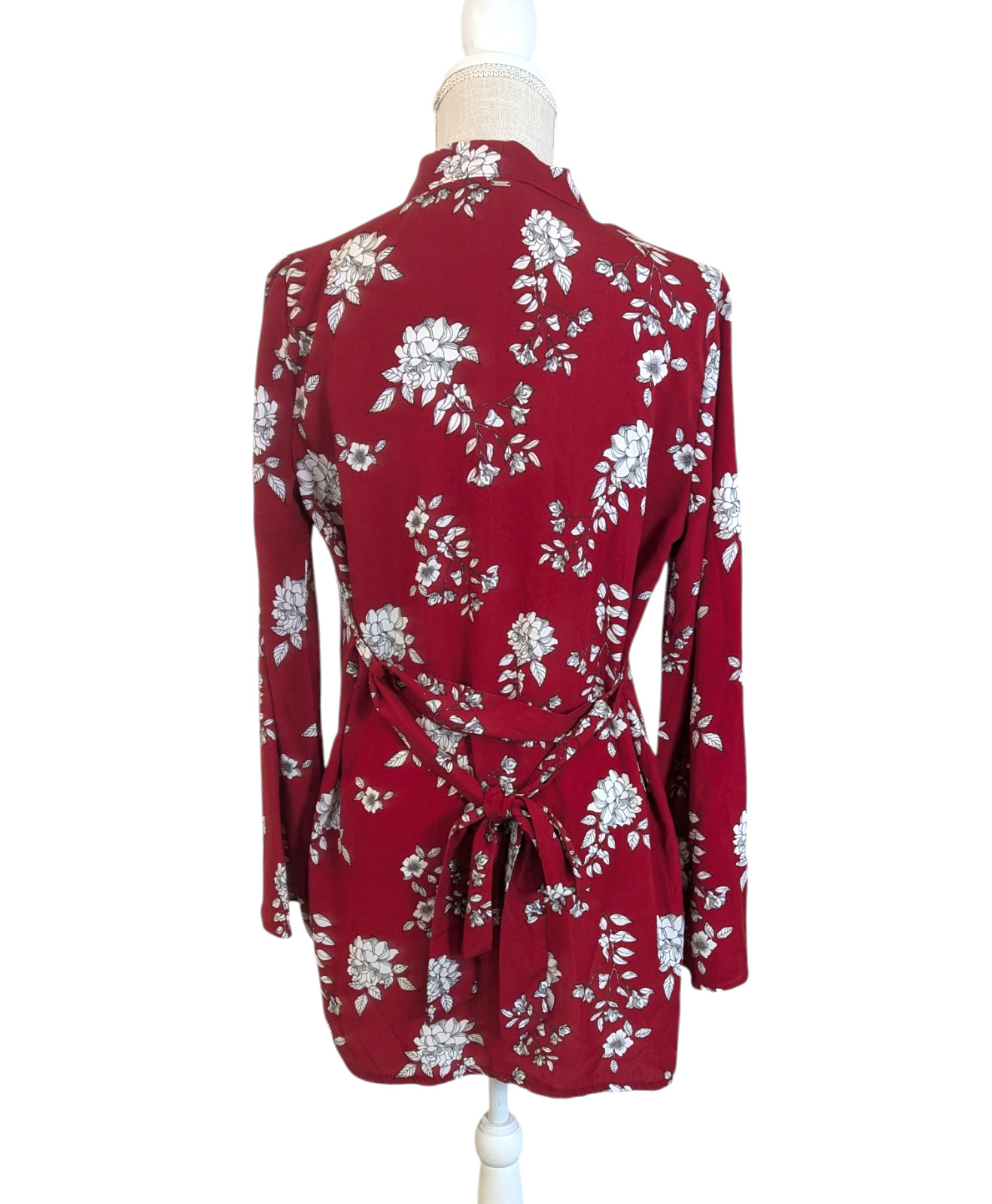 Guess Womens Red Floral Semi-Sheer Mid Length Belted Kimono Top Sz XS/S