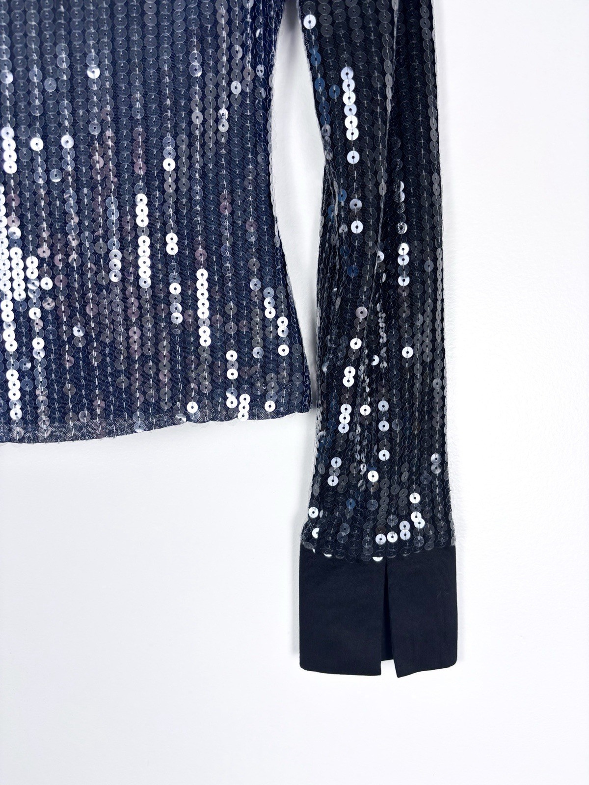 Superdown Revolve Geraldine Black Sequined Long Sleeve Collar V-Neck Top XS NWT