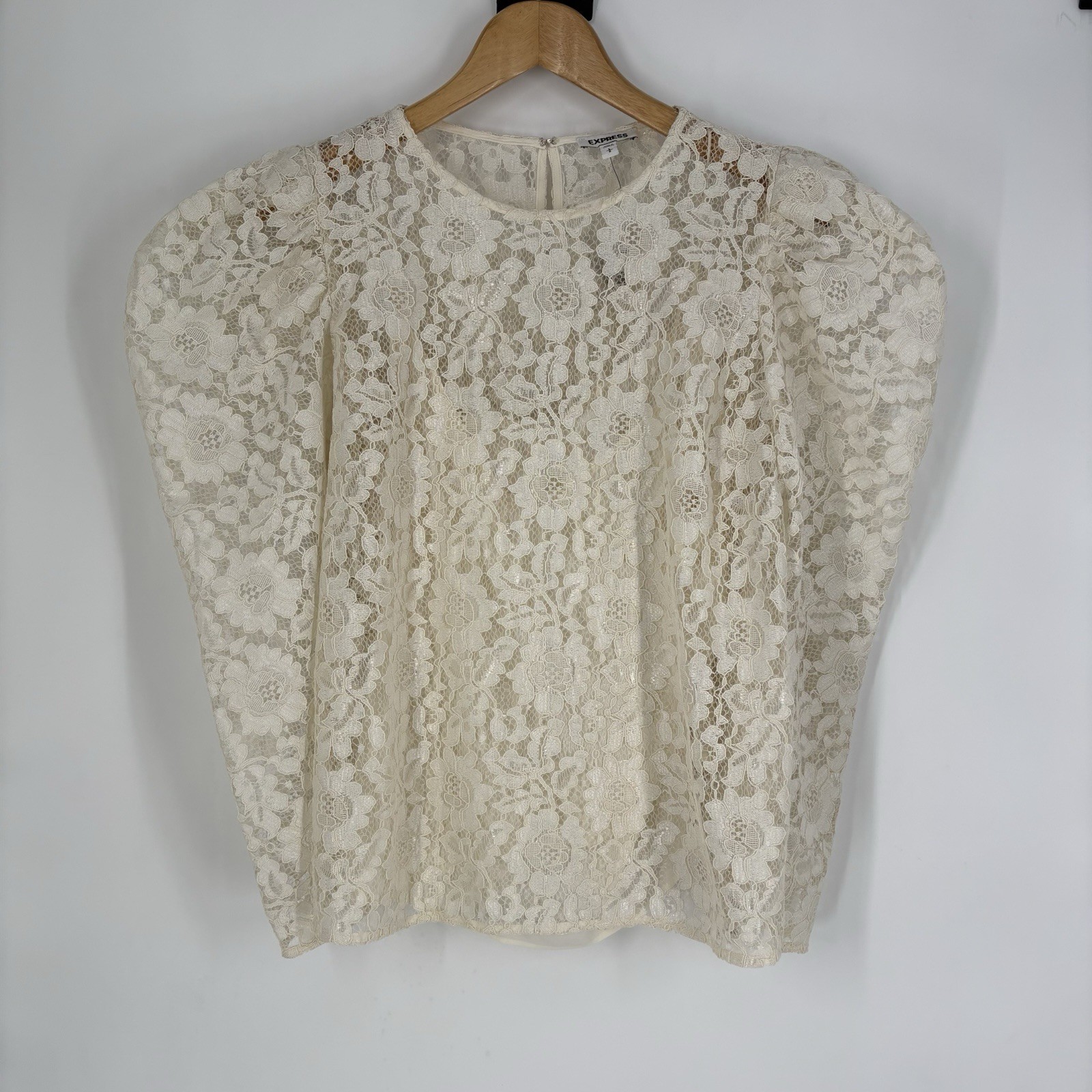 Express Womens Lined Lace Top Size L Ivory Puff Sleeves Romantic Feminine