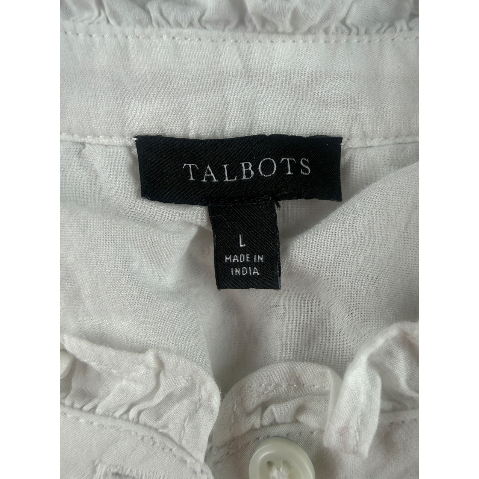 Talbots Womens White Cotton Eyelet Ruffle Collar Puff Sleeve Blouse Size L