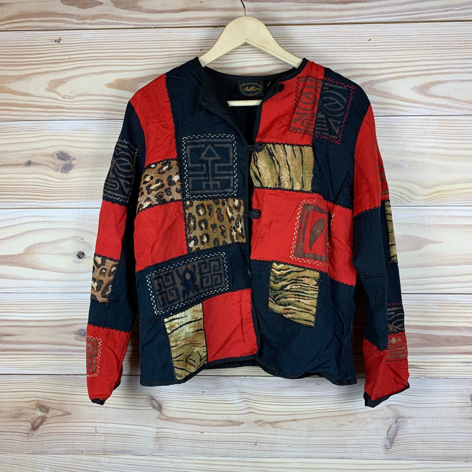 Vtg Allure Jacket Top Women Medium Art To Wear Patchwork Animal Print Toggle