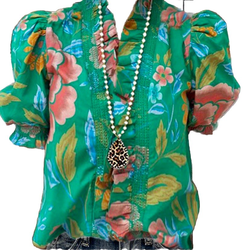 Women’s Blouse Green Ruffle Multi-Colored Floral Print Puff Sleeve Sz Large