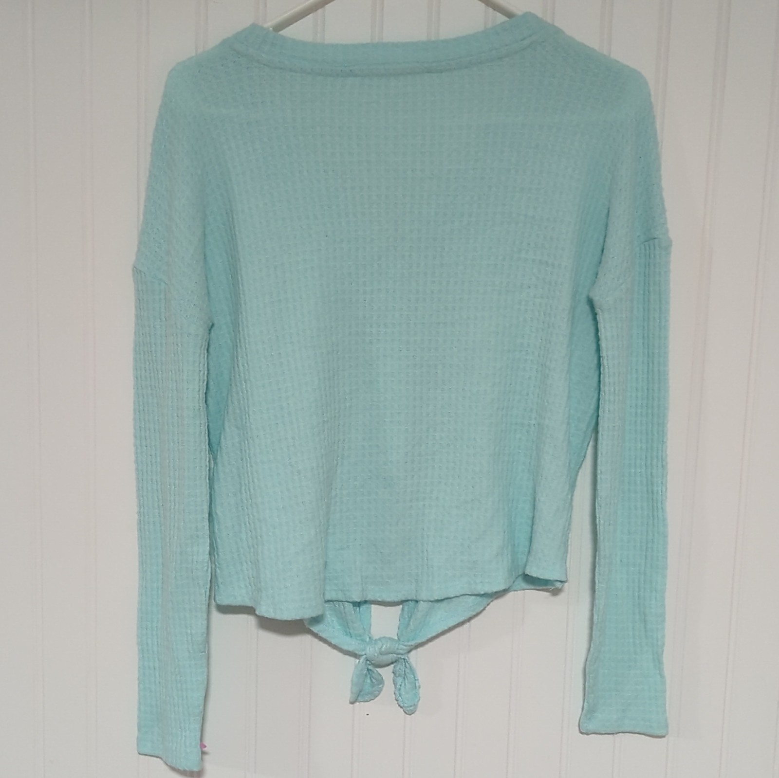 Pink Rose Womens Blue Solid Waffle Knit V-Neck Button Front Tie Hem Top S