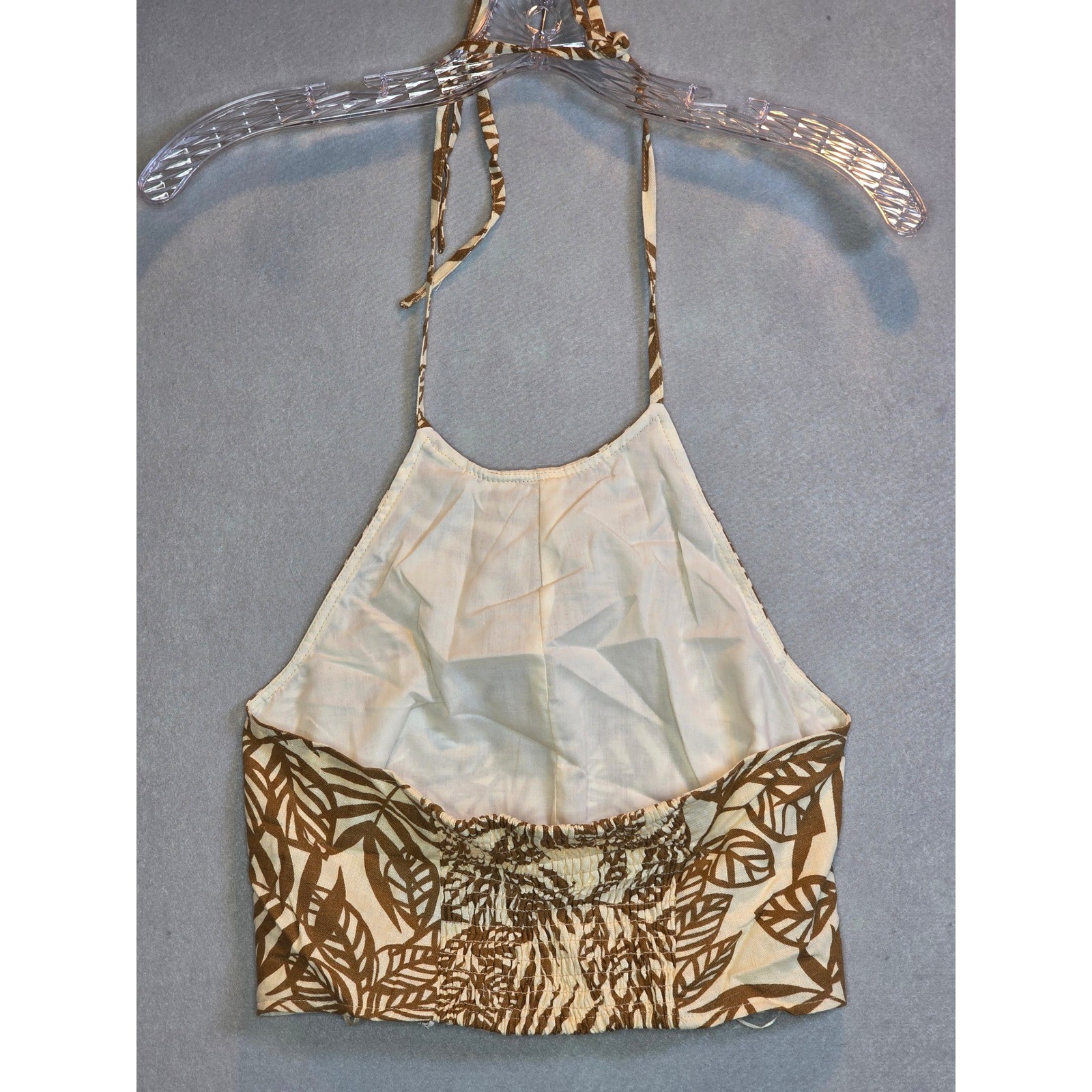 House of Harlow 1960 Linen Blend Tropical Leaf Halter Crop Top Brown Tan Size 6