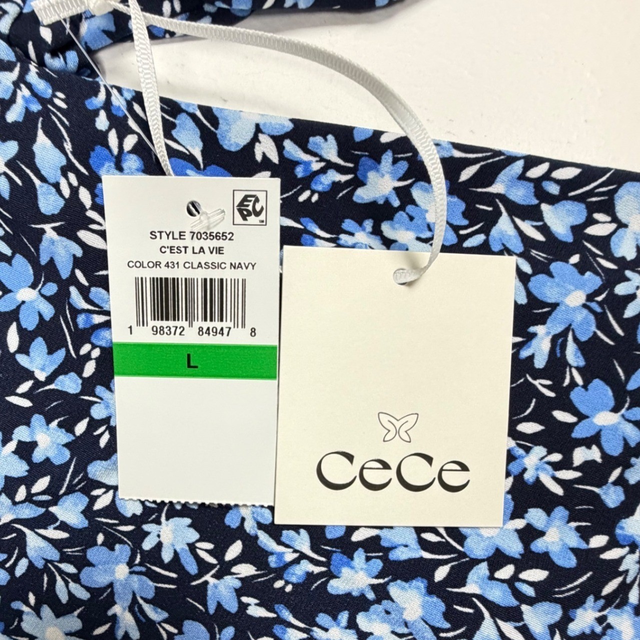 CeCe Womens Floral Puff Sleeve Knit Top Classic Navy Blue C’est La Vie Large NWT