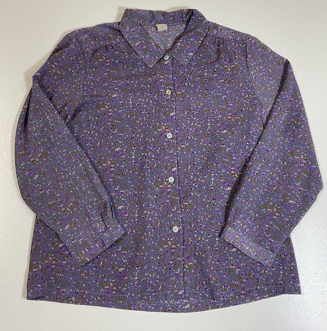 Vintage Purple Floral Button Up Long Sleeve Blouse Sz M Mod Fun Novelty 70s 80s