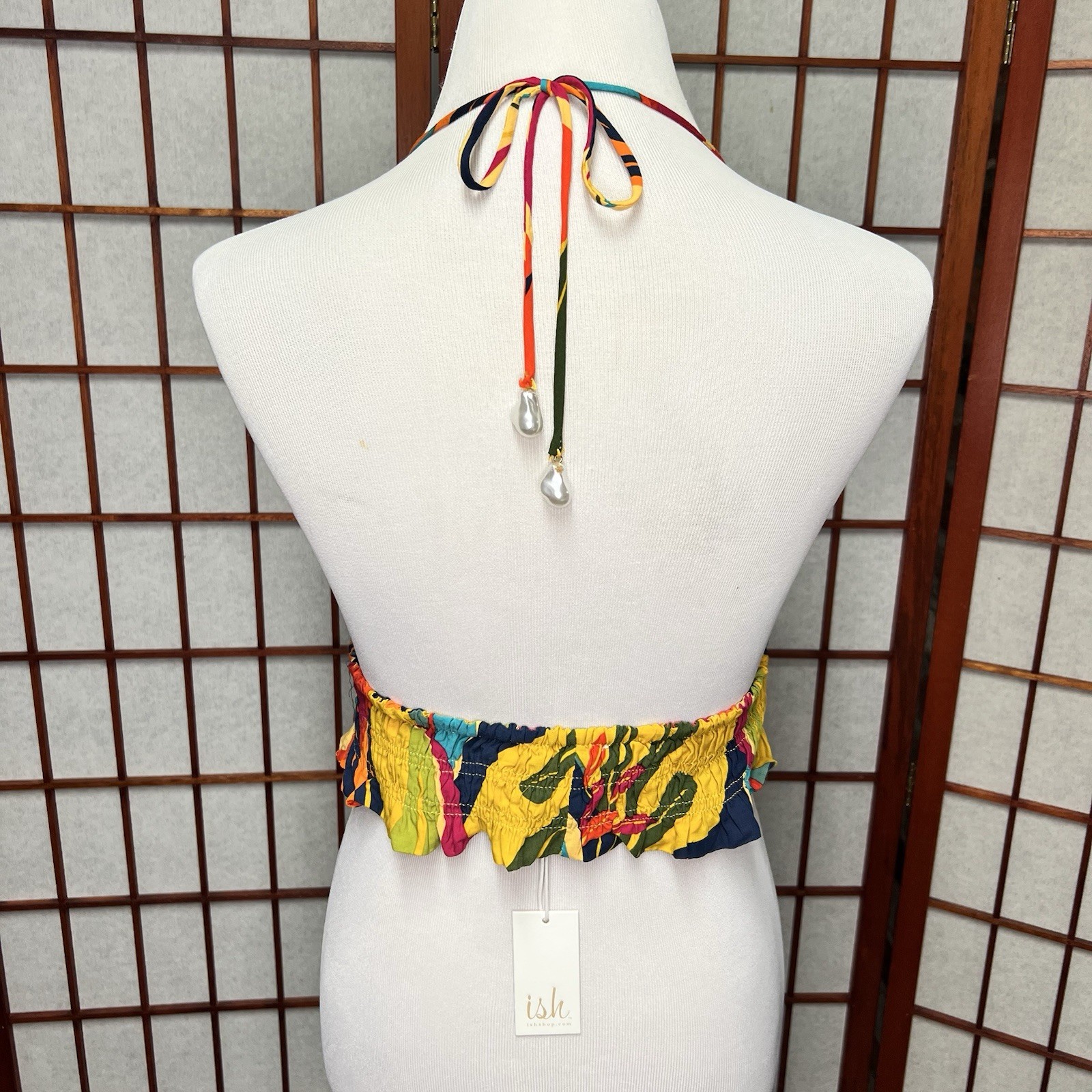 Olivaceous Smocked Halter Crop Top Multicolor Floral Tie Back Ruffle L