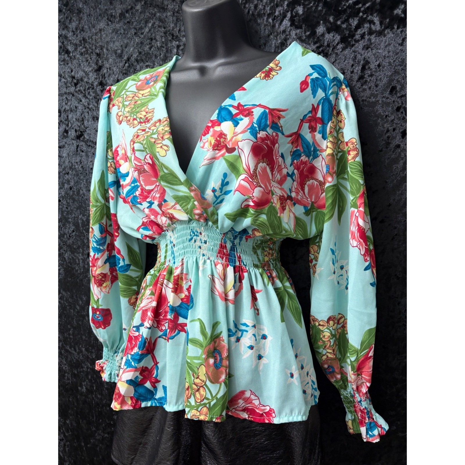 Jon & Anna Peplum Top Womens M Blue Floral Tropical Boho Fairy Festival Smocked