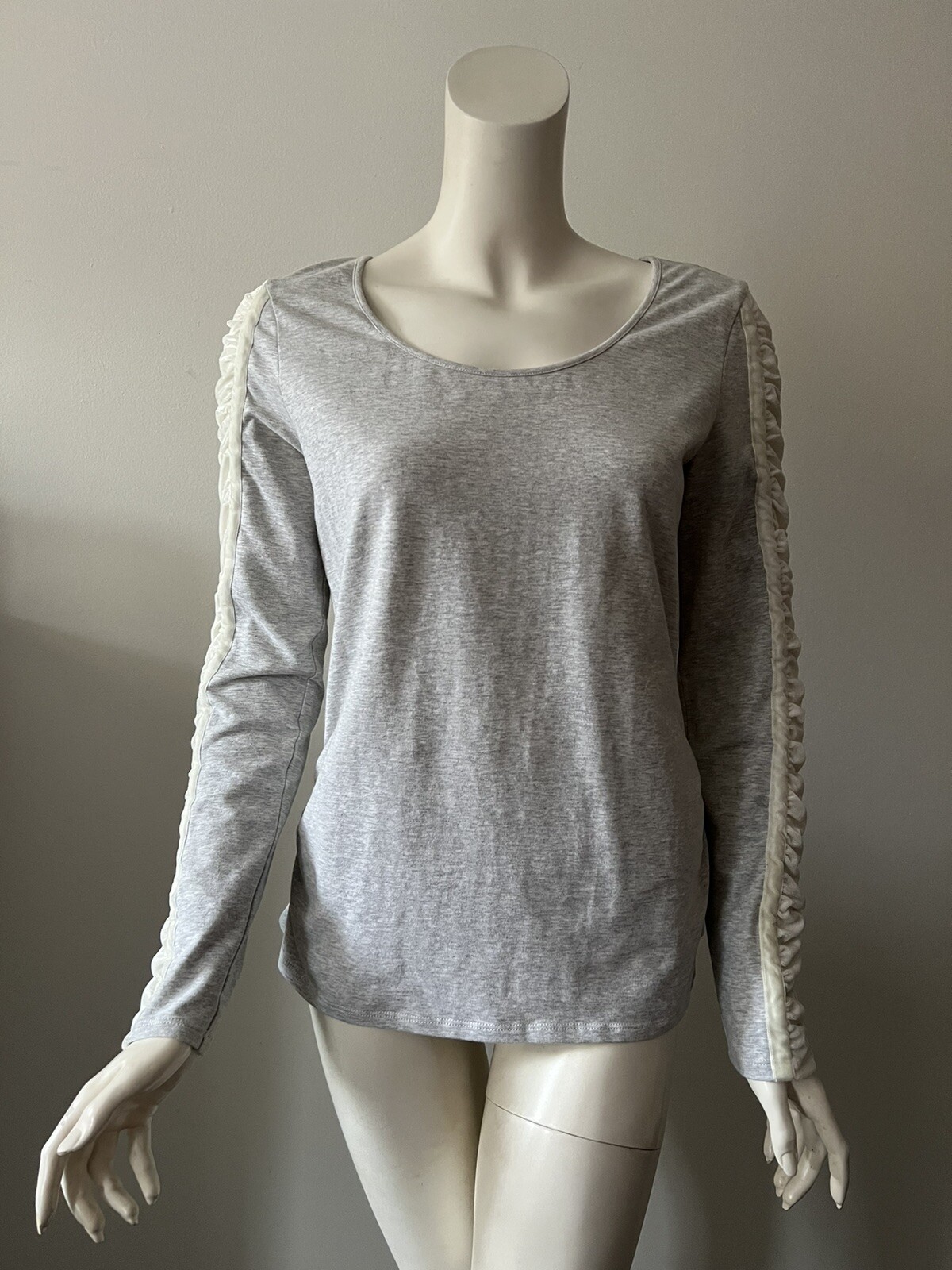 Sundance Bellina Gray Off White Velvet Scoop Neck Ruched Sleeves Top S