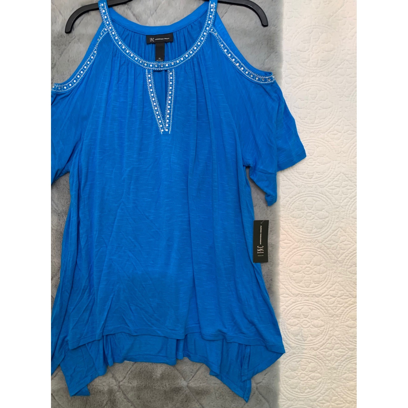 INC International Concepts Women XL Blue Cold Shoulder Rhinestone Top New w/Tags