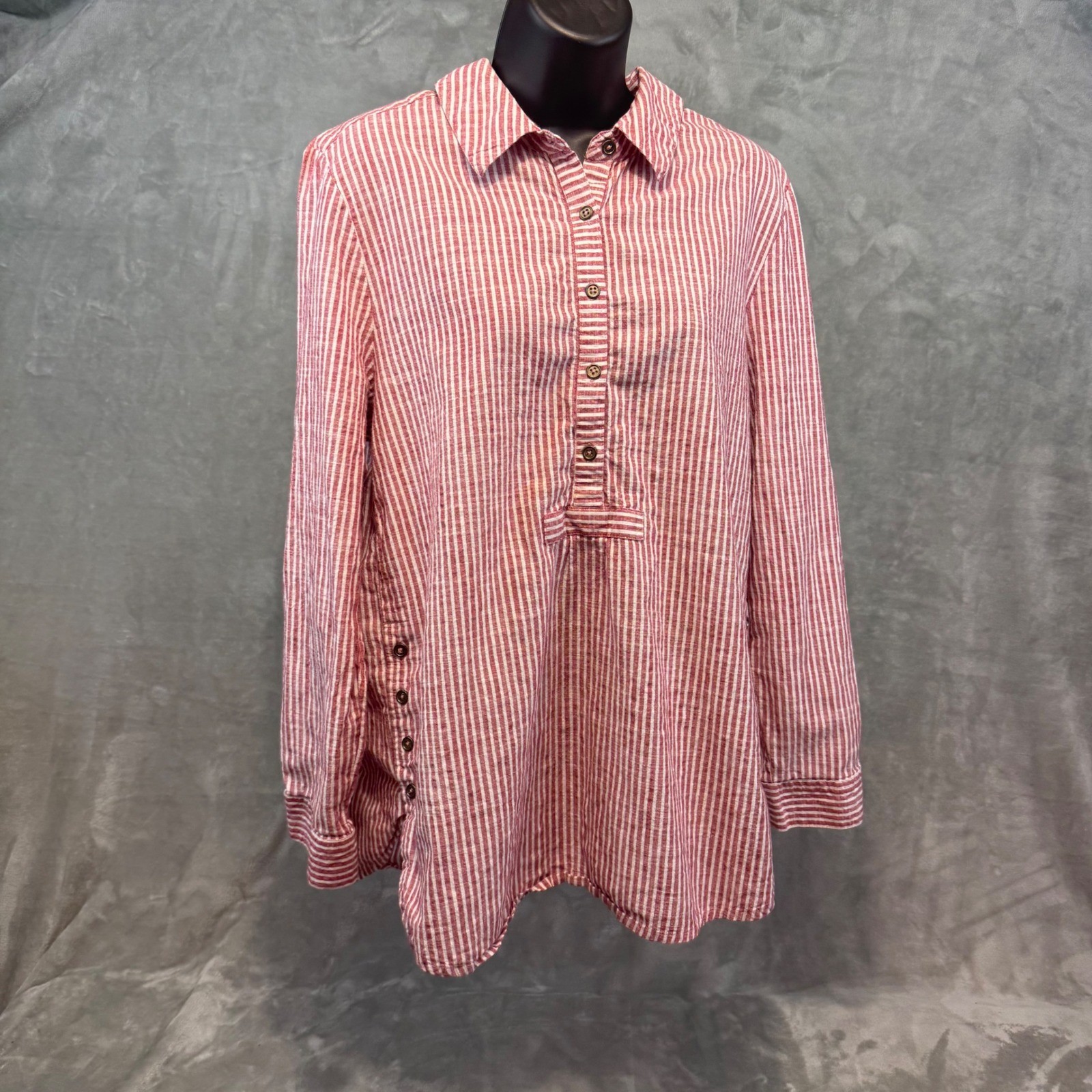 American Sweetheart Womens Large Red White Striped Linen Tunic Henley Shirt L