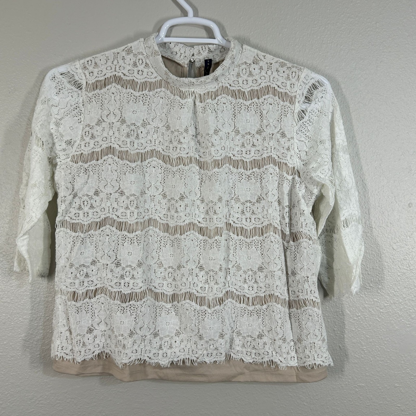 Luna Rae Blouse Womens L Ivory Lace High Neck Keyhole Back Sheer Lined Elegant