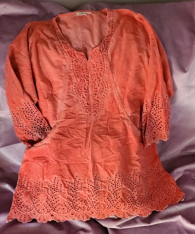 Parsley & Sage Womens Coral Eyelet Embroidered Tunic Top Size XL 3/4 Sleeve