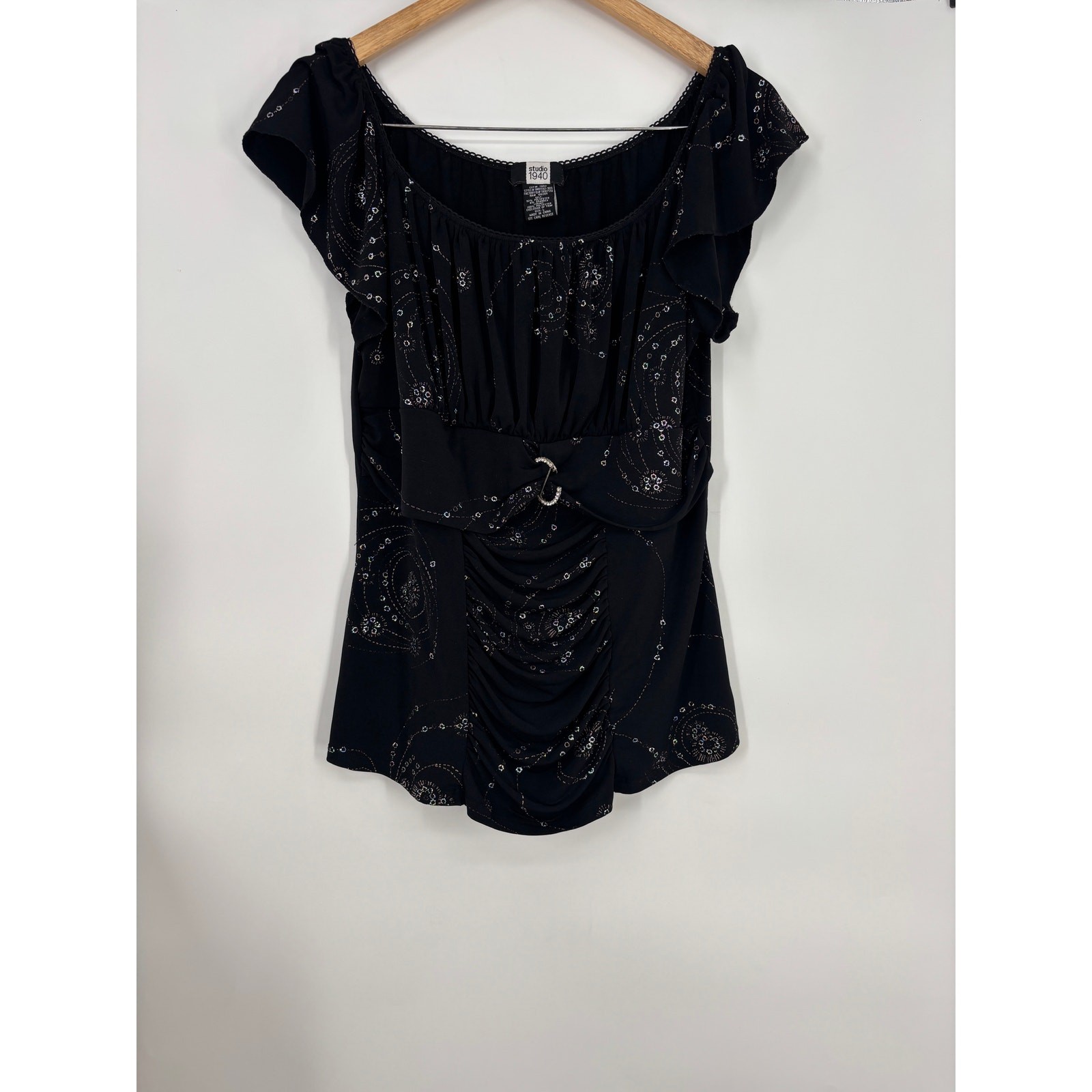 Studio 1940 Blouse Ruched Embellished Rhinestone Stretch Top Black Size Large