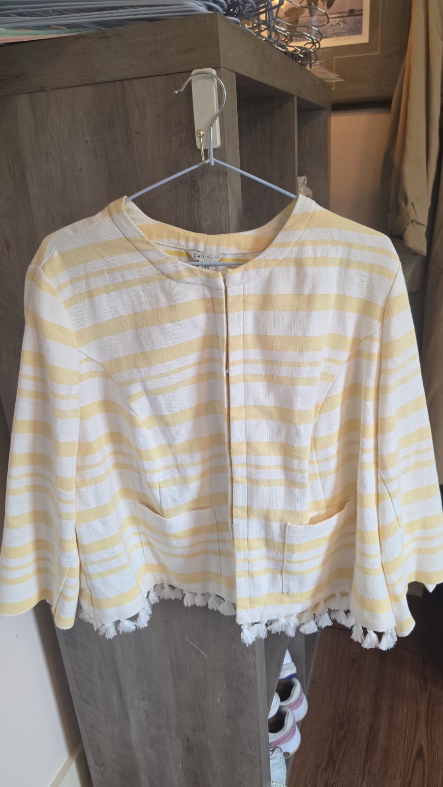 Cato Womens 18W Yellow White Striped Crew Neck 3/4 Sleeve Fringe Blouse