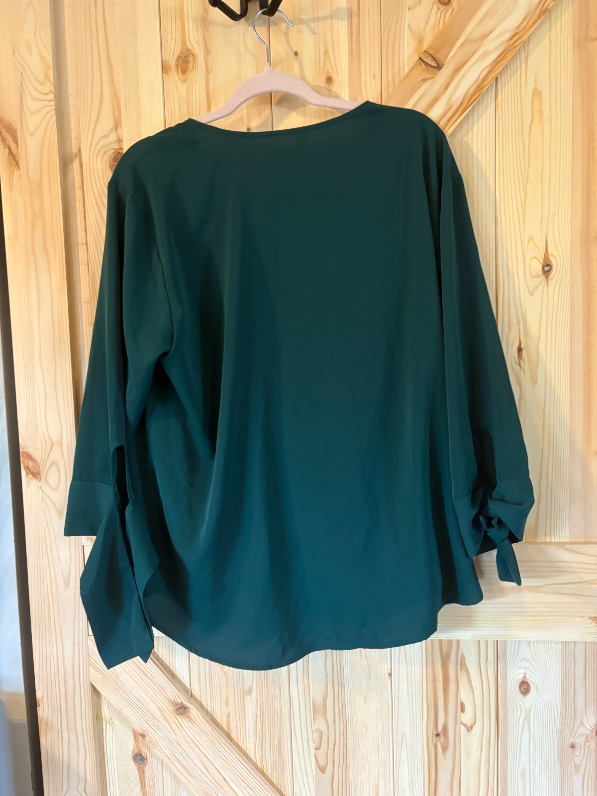Womens Green Wrap Blouse Long Sleeve Tie Cuff V Neck Flowy Top