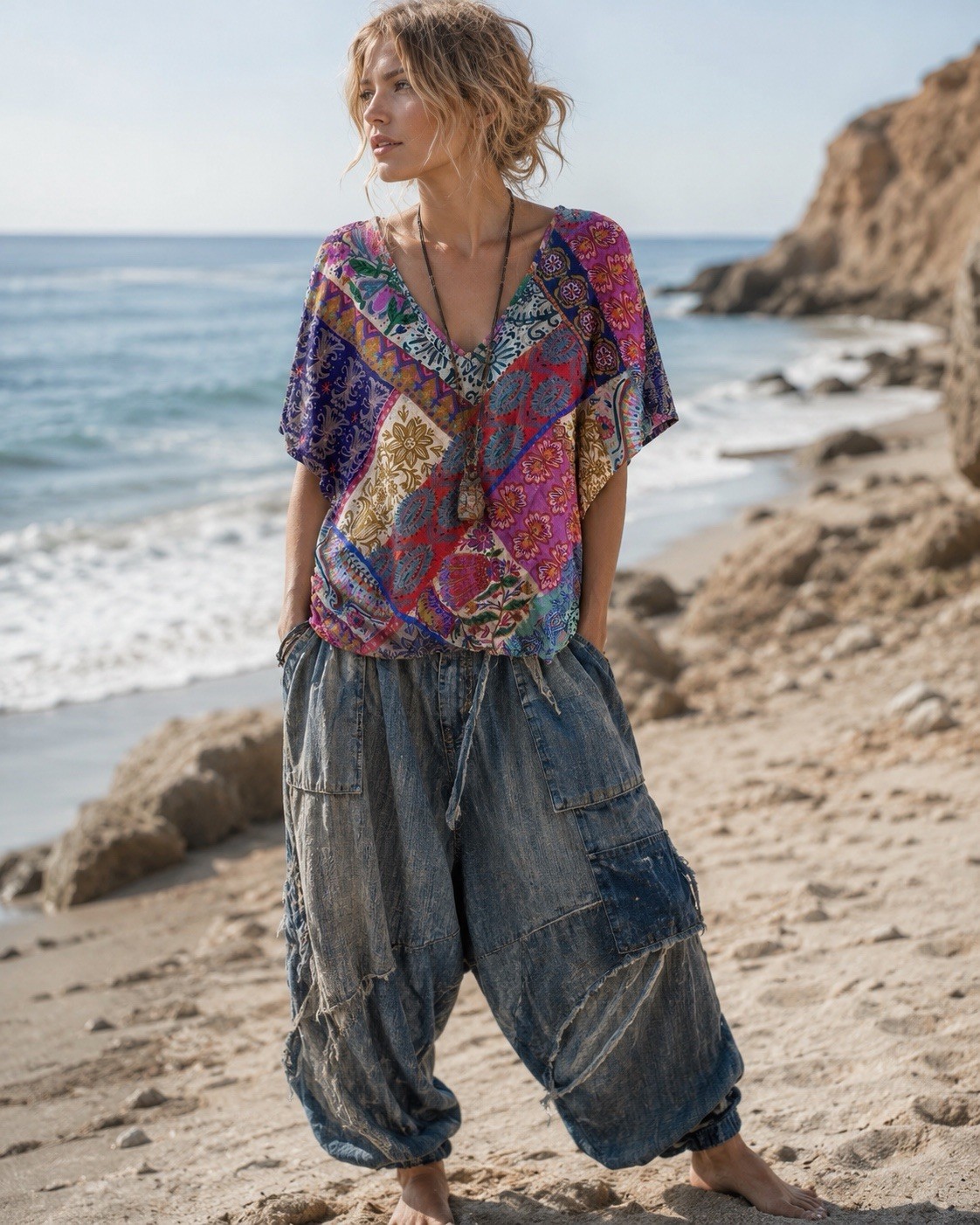 Natural Life Blouse Womens Size XS Patchwork Cropped Beach Boho Travel Artsy