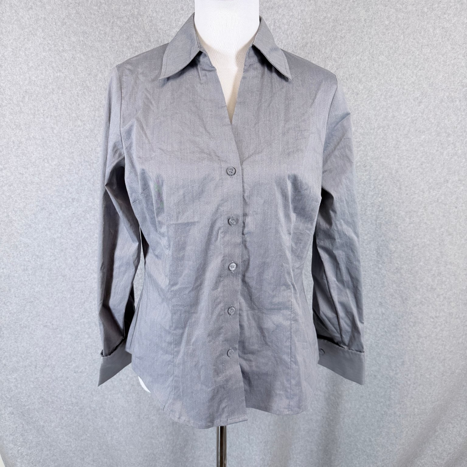 Worthington Petite Stretch Blouse Womens 12P Gray Button Front Career Shirt NWT