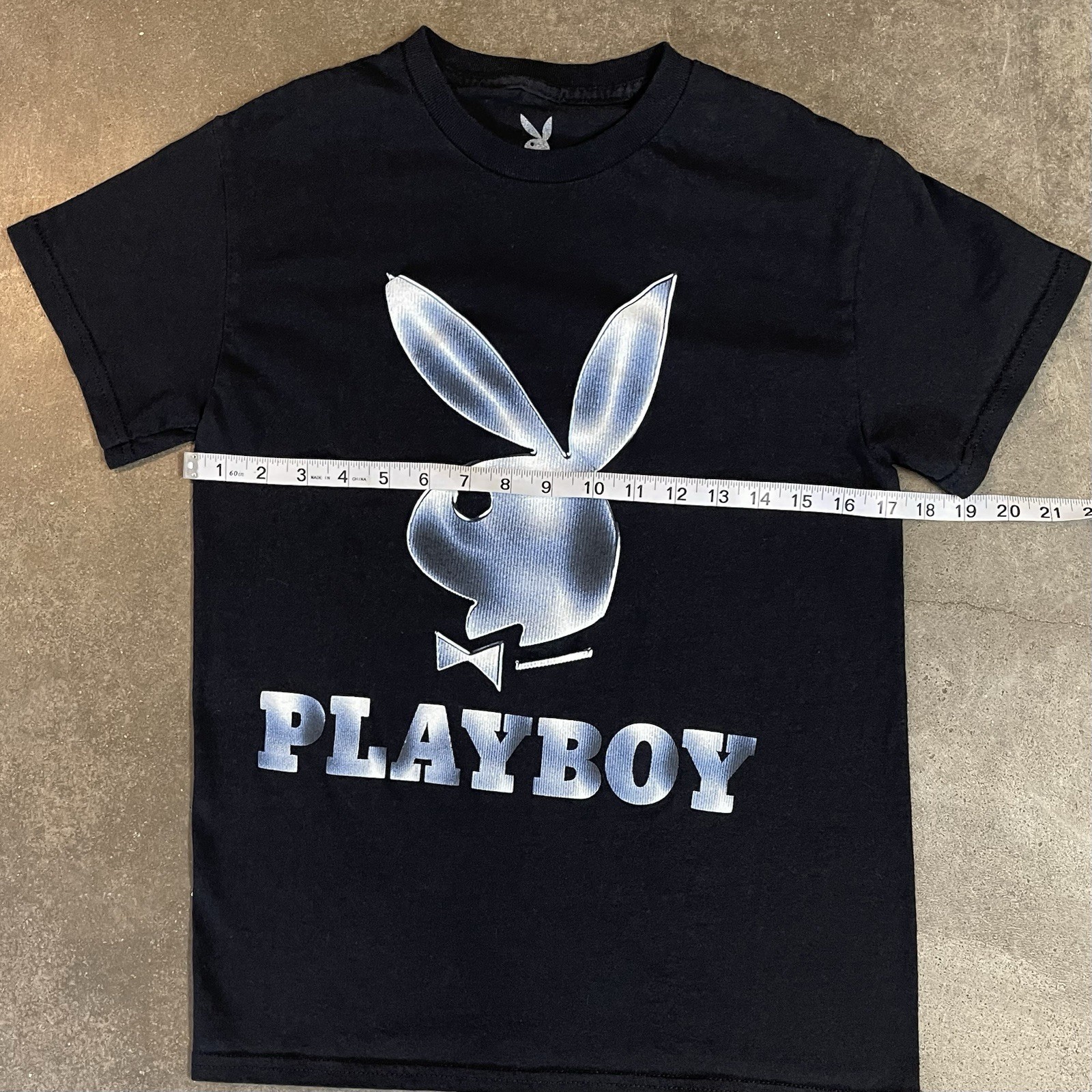 Playboy Bunny Logo Graphic T Shirt Womens Small Black Metallic Blue Y2K Tee