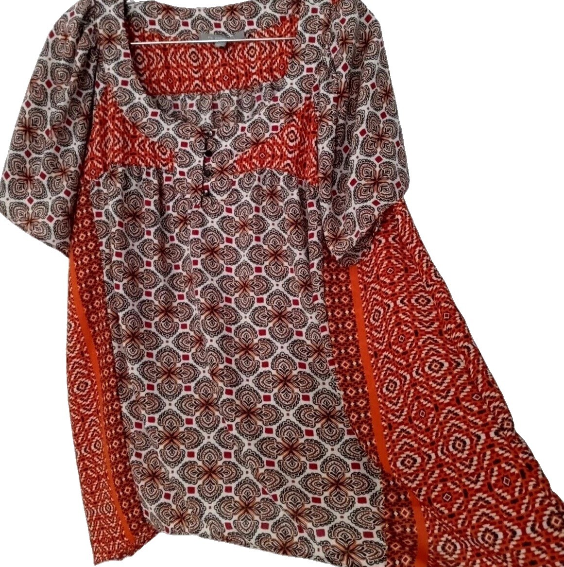NY Collection Top L Darling Boho Silky Artsy Trapeze Hem Tunic Shirt Blouse