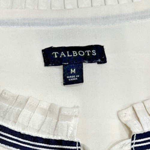 Talbots Ivory Striped Blouse M Victorian Tie Neck Black Ribbon Ruffle Sleeves