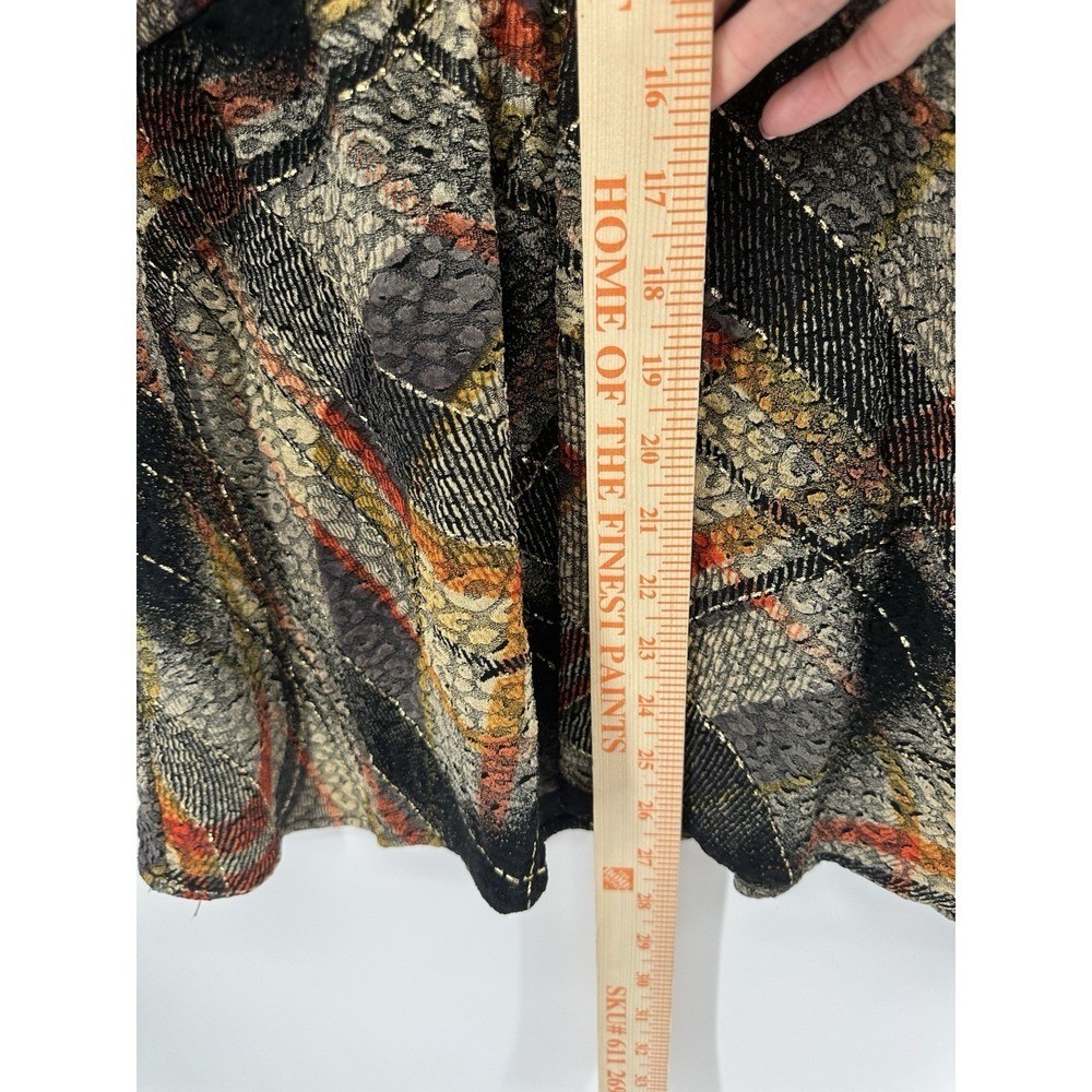 Paris IQ Artistic Print Peplum Sz L Top Black Rust Textured Flowy Statement FF46
