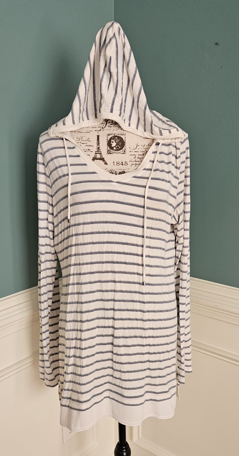 White House Black Market XL Stripe Metallic Hoodie Jersey Tunic Tee Top NG1-101
