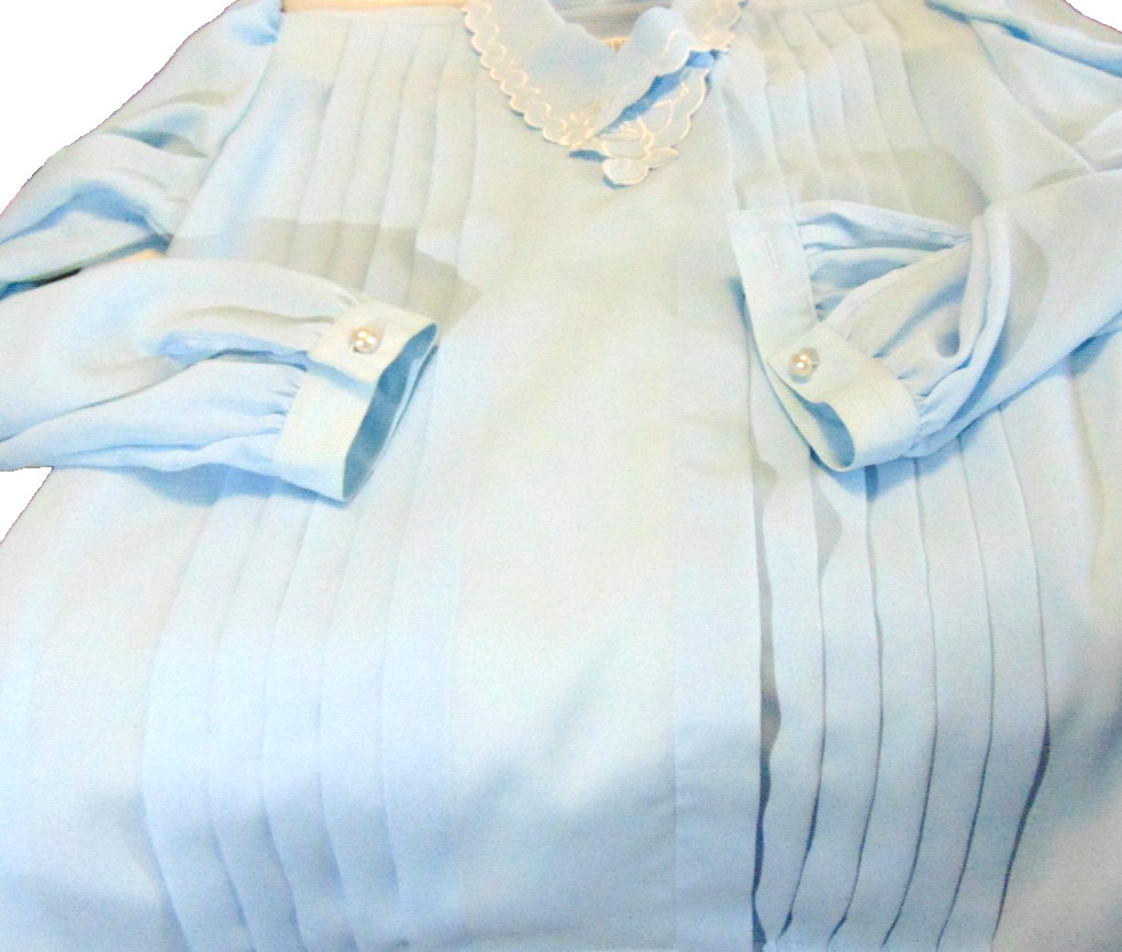 VINTAGE JOSEPHINE WOMENS POLYESTER BLUE PLEATED FLORAL EMBROIDERED BLOUSE~6