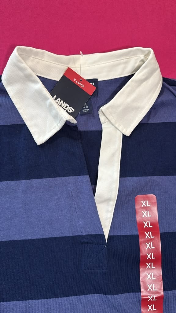 Lands’ End Rugby Shirt Navy Blue Stripe Size XL – Classic Cotton Collared Top