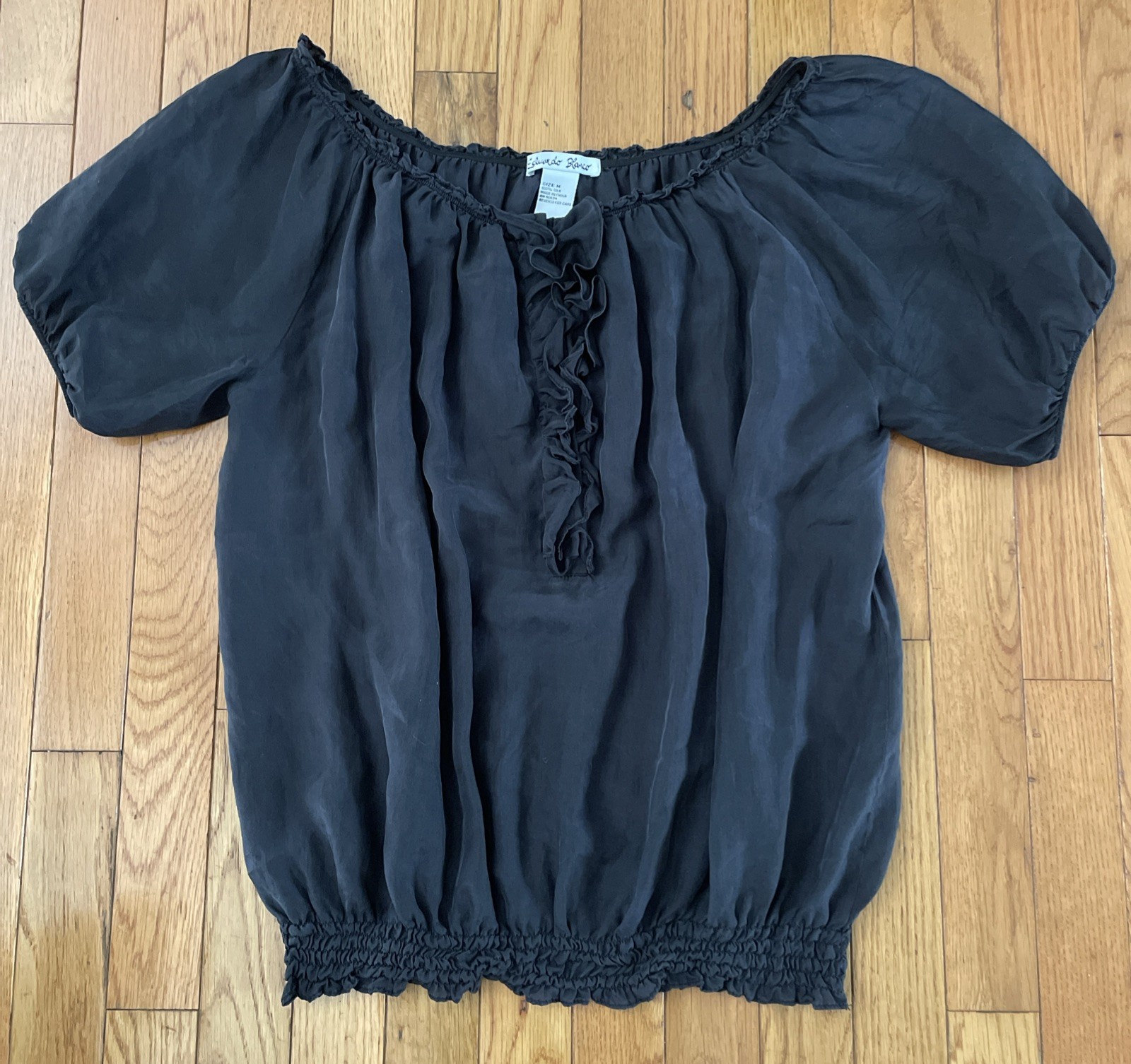 Eduardo Blanco Short Sleeve Black Silk Blouson Top Shirt Size Medium Ruffle