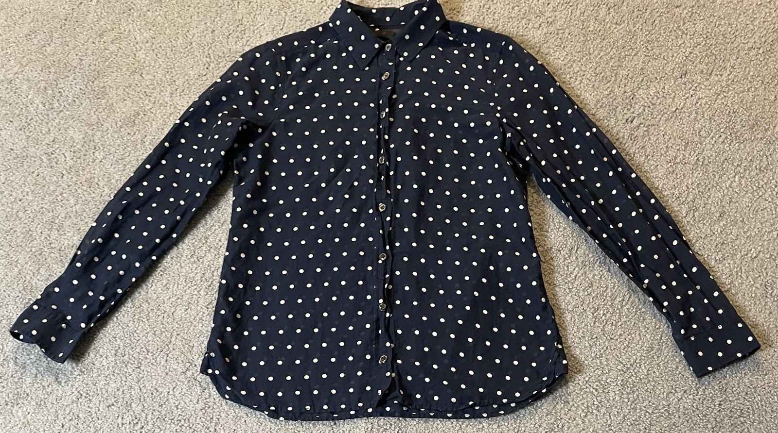 J Crew Polka Dots Button Shirt Sz 8 Navy White Cotton Sheer Long Sleeve Classic