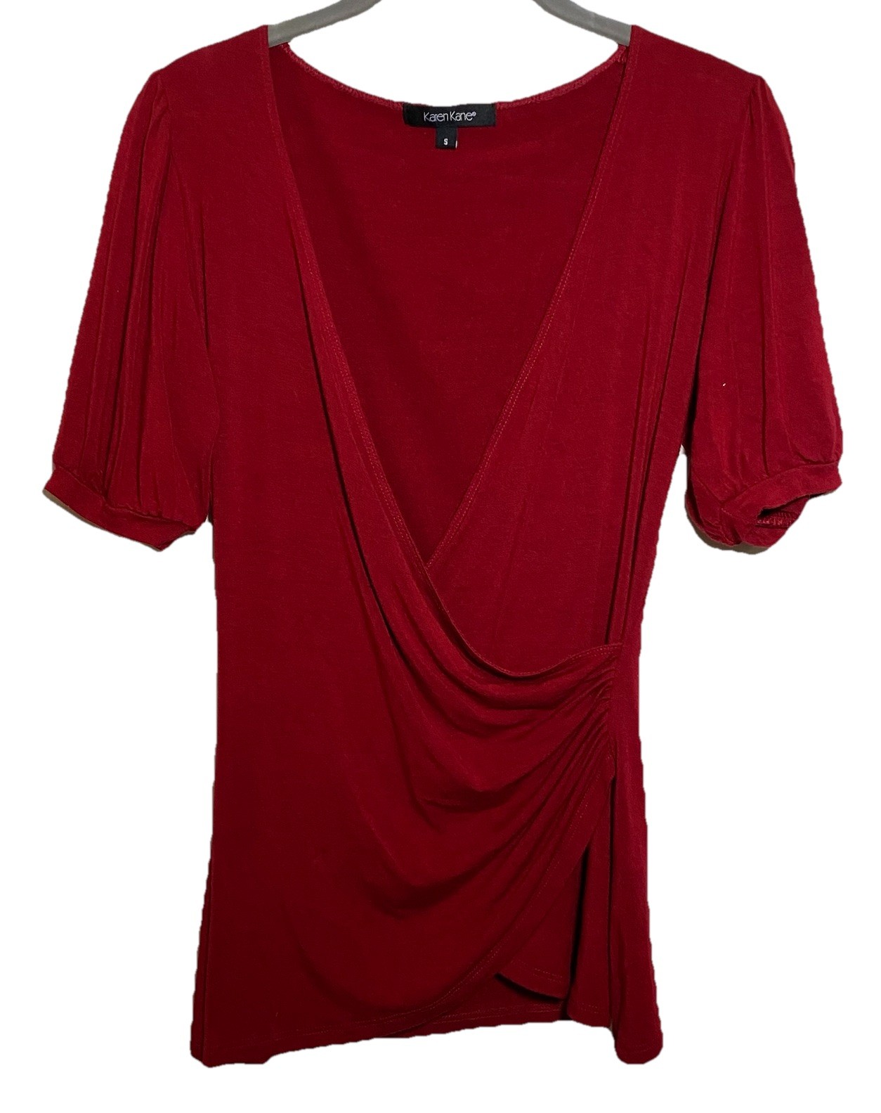 Karen Kane Womens Wrap top Sz S Deep Red, Puff Sleeves, Jersey Knit