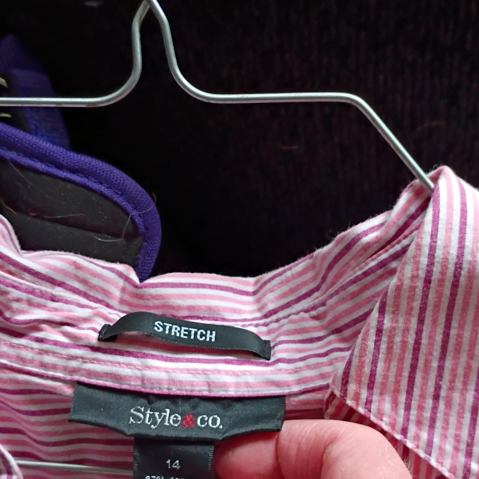 Style & Co. Women’s Pink/White Striped Stretch Collared Button Front Shirt 14