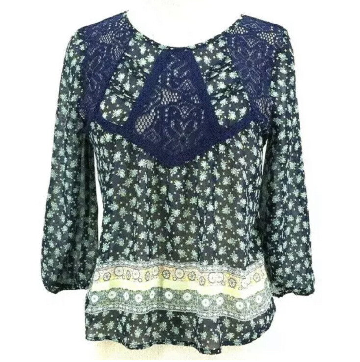 Love Fire Semi-Sheer Boho Lace Floral Blue Women’s 3/4 XS Blouse Extra Small