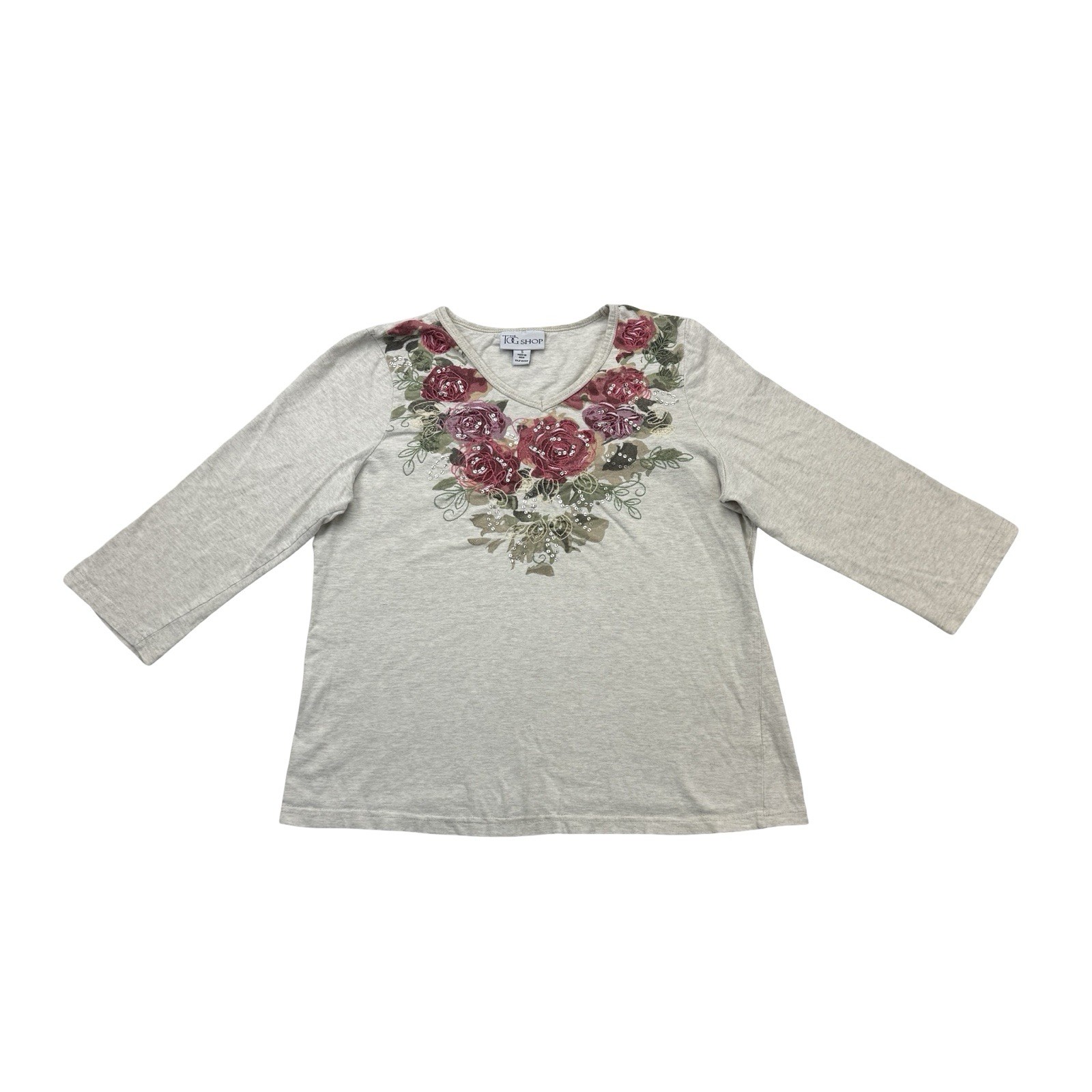 The Tog Shop Shirt Womens Small S Floral Embroidered Sequins V Neck 3/4 Sleeve
