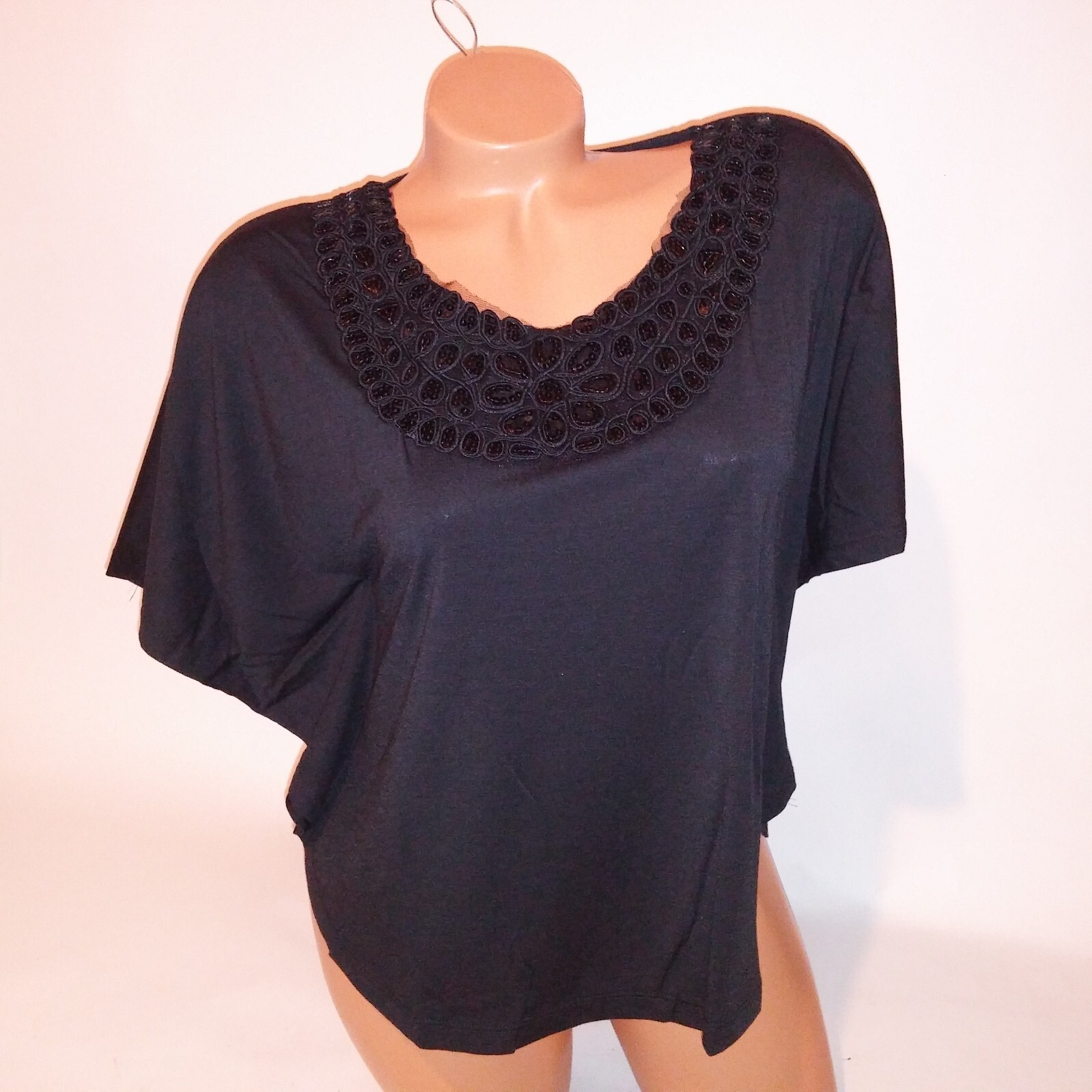 Jon & Anna Blouse Womens Black Sequin Bling Embroidered Solid Scoop Neck New