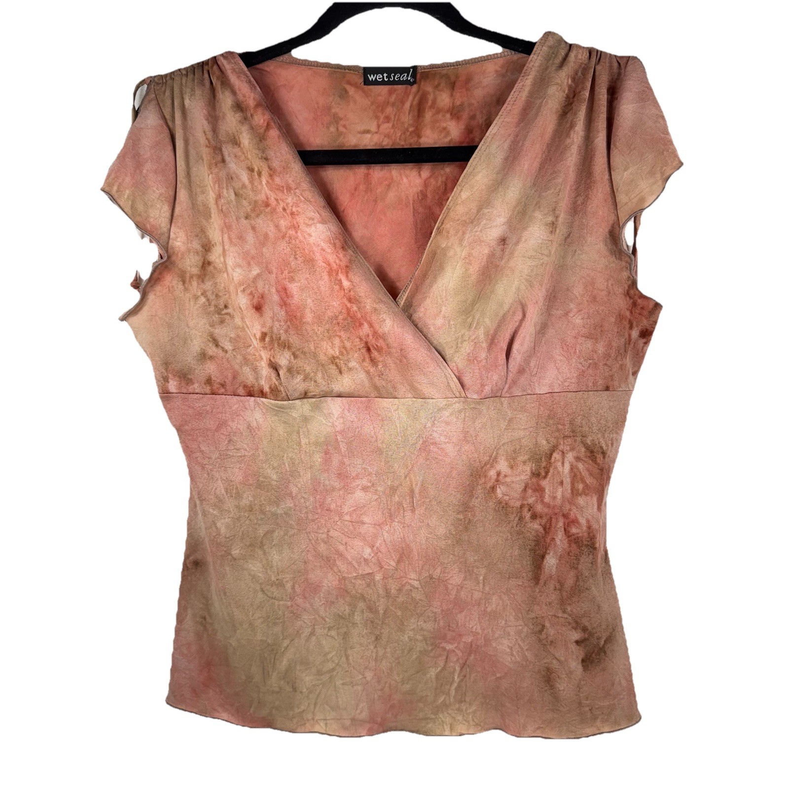 Vintage Y2K Rare Wet Seal Top Size L Pink & Brown Tie Dye Cinch Shoulders Tee